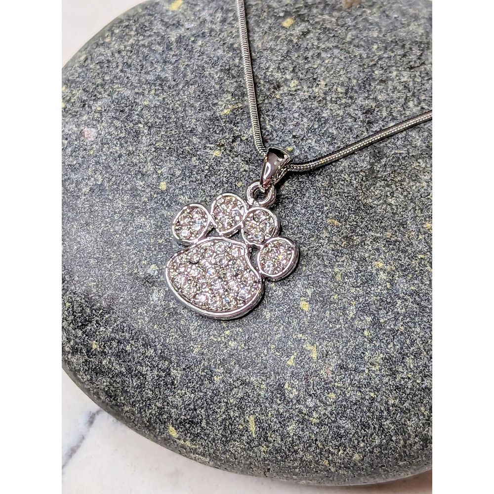 Paw Print Necklace White Gold Plated Pendant with Crystals - Picture 1 of 8